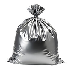 A shiny silver trash bag tied at the top, isolated on a transparent background