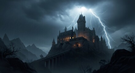 Dark gothic castle on stormy night with lightning strike. Spooky medieval fortress silhouette in mountains. Halloween horror scene concept for book cover or movie poster design