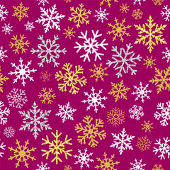 Christmas wrapping paper with seamless pattern. Gift box design. Winter holidays background. Season's greetings congrats elements. Purple backdrop with golden and silver snowflakes.