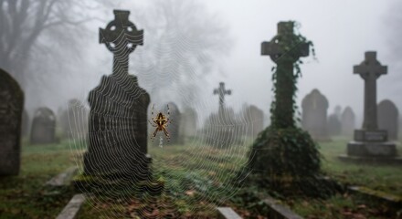 Eerie graveyard with celtic crosses and spider web on misty autumn morning. Spooky cemetery landscape for Halloween concept. Gothic atmosphere in old burial ground