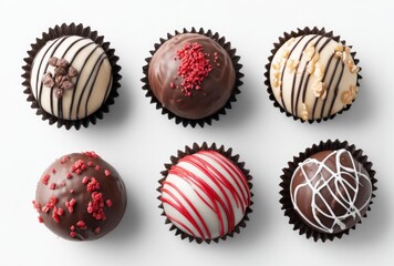 Six gourmet chocolate truffles, each with unique toppings and drizzles, arranged on a white surface, showcasing varied flavors and textures