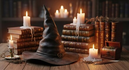 Wizard hat and old books with burning candles in library. Magic and witchcraft concept. Halloween decor, mysterious atmosphere for fantasy novel or movie scene
