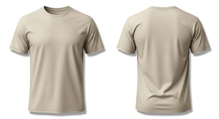 Plain Beige T-Shirt Front and Back View Isolated on White Background.
