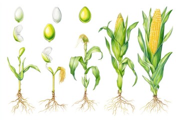 A colorful hand-drawn illustration shows the various stages of corn development, from seed to mature plant, with exposed roots