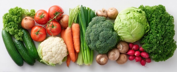 An overhead arrangement of fresh, colorful produce including cucumbers, tomatoes, broccoli, cabbage, and mushrooms on a bright white surface