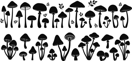 Black and white vector illustration of various mushroom silhouettes in two rows with diverse shapes, botanical elements, and nature design