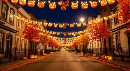 Halloween street decorations with pumpkin lanterns and autumn trees. Night view of festive neighborhood. Holiday celebration concept for greeting card design