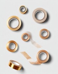 Multiple rolls of clear, light brown adhesive tape of various sizes scattered on a white surface, some unrolled, creating a floating composition