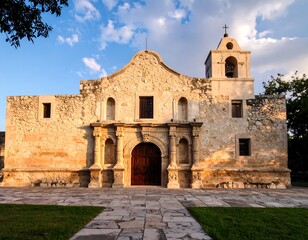 Historic church facade at dawn