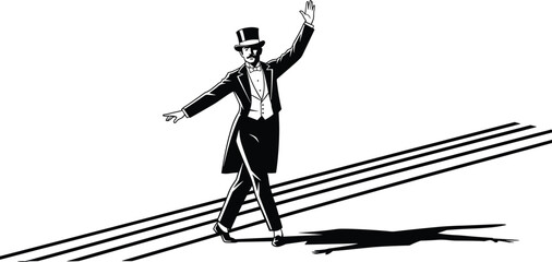 Black and white vector illustration of vintage gentleman in top hat balancing on lines with shadow, formal attire and theatrical pose