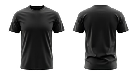 Front and back view of a blank black t-shirt isolated on a white background, perfect for design mockups.