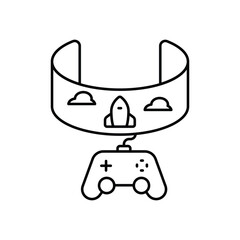 A blackandwhite illustration depicts a virtual reality setup featuring a curved screen and a wired video game controller