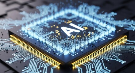 Artificial intelligence chip with glowing blue circuit pattern. AI processor concept for machine learning, deep learning, and data processing. Future technology visualization.