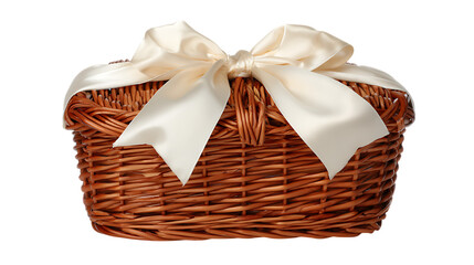 Wicker basket decorated with a cream satin bow on white background. 