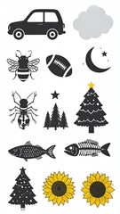 Simple black and gray silhouettes of objects