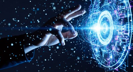 Robotic arm touching futuristic digital interface. Artificial intelligence and machine learning concept. Technological innovation in virtual reality and cybersecurity