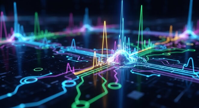 Digital data visualization with colorful neon lines and glowing nodes on dark background. Network connectivity, big data analysis, and futuristic technology concept