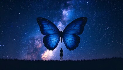 A giant blue butterfly at night.  Silhouette of a person