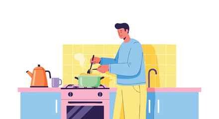 Young man in a blue sweater cooking a meal stirring a steaming pot on a colorful kitchen stove.
