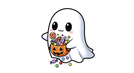 Adorable cartoon ghost character joyfully celebrates Halloween, clutching a pumpkin-shaped bucket overflowing with a vibrant assortment of colorful candies, set against a clean white background