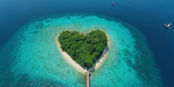 A breathtaking aerial view of a lush heart-shaped island in turquoise waters, connected to a white sandy beach by a wooden bridge, with two fishing boats floating peacefully in the distance.