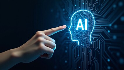 A hand points at a glowing AI themed human head outline with circuit like background.