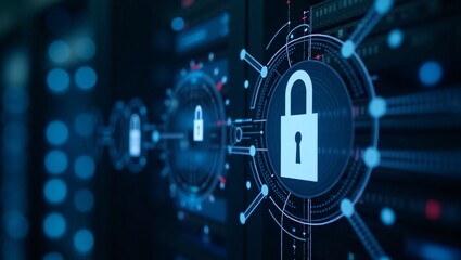 Server equipment with glowing padlock symbols, representing cybersecurity.