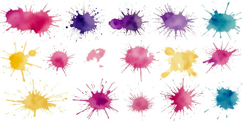 Vibrant Watercolor Splashes in a Variety of Colors. A collection of colorful watercolor splatters and blots on a plain white background.