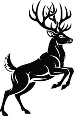 Majestic rearing stag silhouette with large antlers, wildlife vector illustration for nature, animal, forest, hunting, and outdoor adventure design themes