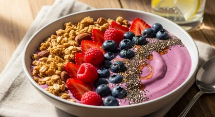 Healthy breakfast bowl with yogurt smoothie, berries, granola and chia seeds. Nutritious morning meal. Balanced diet concept with copy space