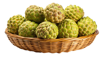 Fototapeta premium A woven basket overflowing with ripe green custard apples creating a delicious and healthy fruit display isolated on transparent background