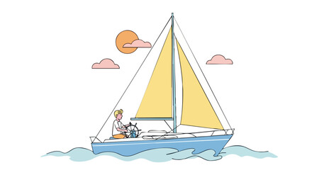 Young man with blonde hair steering a blue sailboat with yellow sails on the water.