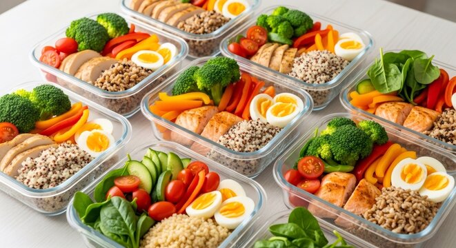 Healthy meal prep containers with balanced nutrition. Grilled chicken, vegetables, eggs, and grains. Weekly diet plan for weight loss, fitness, and clean eating. Top view.