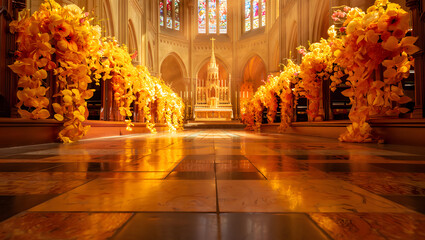 Fototapeta premium Ornate cathedral interior with warm floral decorations and stained glass light creating a sacred ambiance