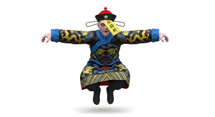A mysterious Chinese zombie dressed in traditional attire leaps with outstretched arms, looking spooky