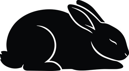 Minimal vector silhouette, sleeping rabbit curled loaf pose, side view, solid black