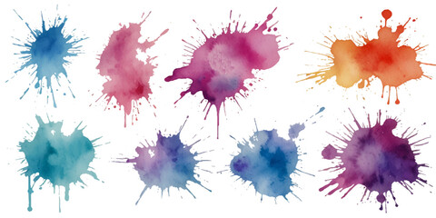 Vibrant Watercolor Splatter Art Collection. collection of colorful watercolor splatter designs on a white background.