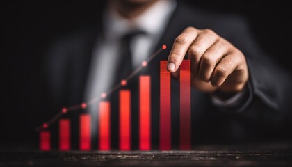 Man in suit adjusts red bar graph, depicting upward trend and growth, on a dark surface against a blurred background