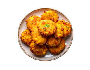  Crispy Corn Pakoras on Plate, Flat Lay PNG