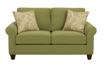 Fototapeta premium Green sofa featuring textured cushions, sitting on transparent backdrop, highlighting modern living space styling