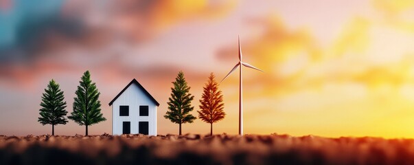 A serene landscape featuring a house surrounded by trees and a wind turbine, set against a colorful sunset sky.