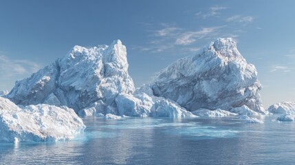 Two massive icebergs rise dramatically above the tranquil ocean surface, reflecting the bright blue sky. The scene captures the beauty of nature under serene conditions.