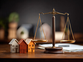 A decorative balance scale beside miniature houses, symbolizing justice in real estate or property matters, set against a blurred background.