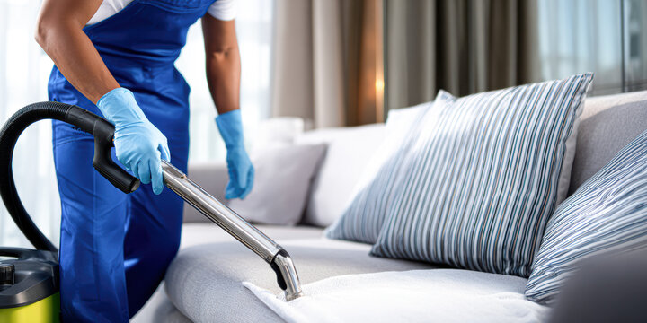 A person in blue overalls is vacuuming a light-colored couch with striped cushions in a clean and modern living space.