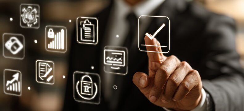 A person in a suit interacts with digital icons representing various concepts, including security, settings, and completion, using a touch screen