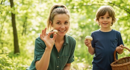 Fototapeta premium Happy mother and son foraging for mushrooms in the forest. Family showing their freshly picked edible fungi. Outdoor nature activity