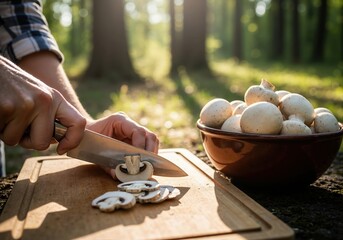Slicing fresh mushrooms on a cutting board in a sunlit forest. Outdoor cooking and food preparation for camping. Healthy lifestyle concept
