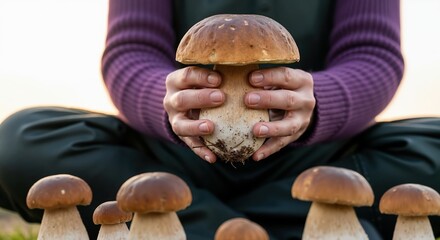 A forager's hands holding a large, fresh porcini mushroom. Wild food gathering during the autumn harvest. Close-up of an edible Boletus edulis