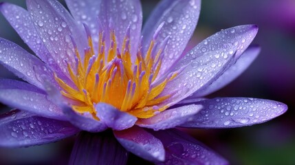 Delicate purple water lily blossoms with radiant yellow center, glistening with water droplets, adding beauty to a tranquil garden setting during morning hours.