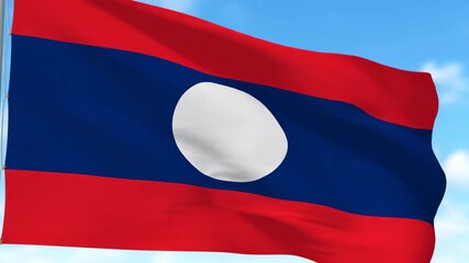 Laos Flag Waving Gently in the Breeze Against a Bright Blue Sky
